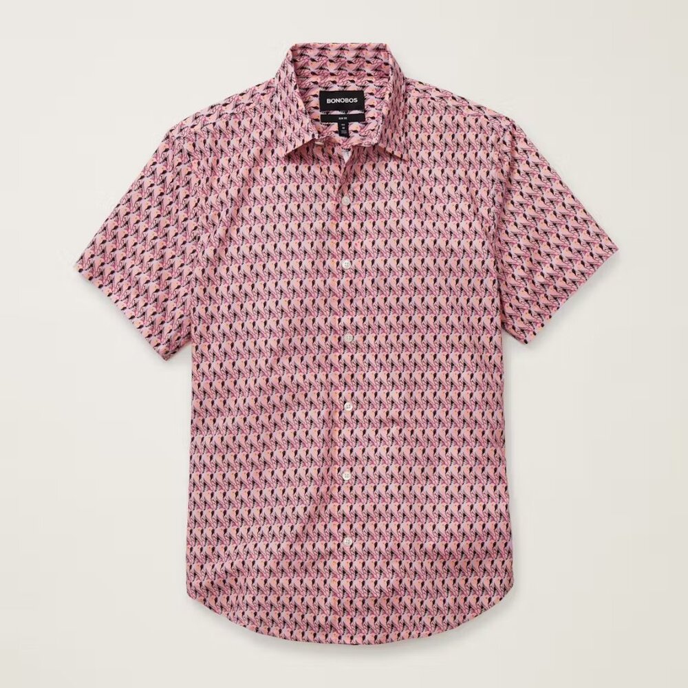 Bonobos Purple Party Parrots Riviera Short Sleeve Shirt, Slim Fit, Large, Long